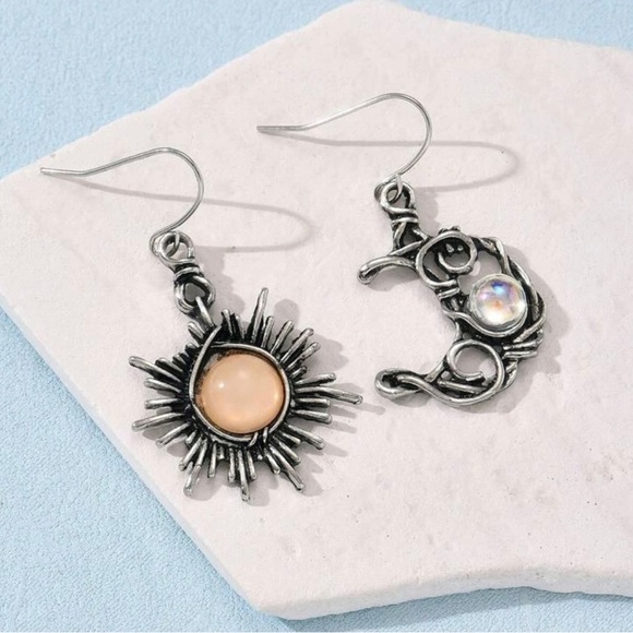 Bohemian Astrology Sun Moon Silver Wire Wrapped Celestial Stone Mismatch Dangles - Picture 13 of 16